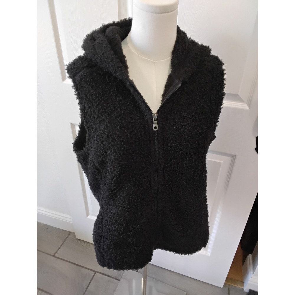 J. Jill Womens Black Sherpa Fleece Hooded Vest Full Zip Teddy Sleeveless M